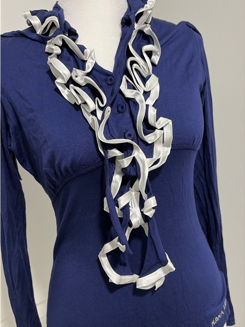 Nana Baila Paris Navy Ruffle-Trim Long Sleeve Blouse with Contrast Ribbon